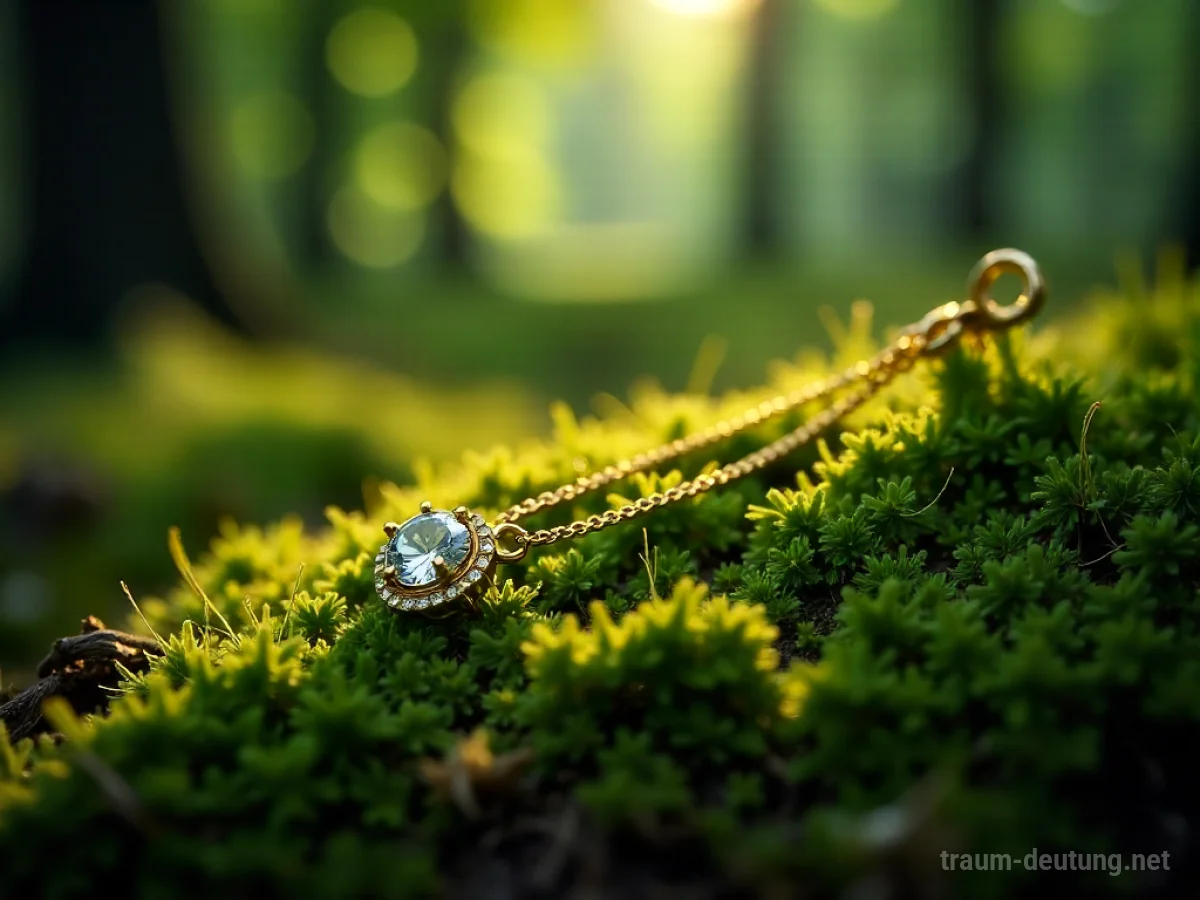 Goldkette liegt auf moosigem Waldboden im Sonnenlicht