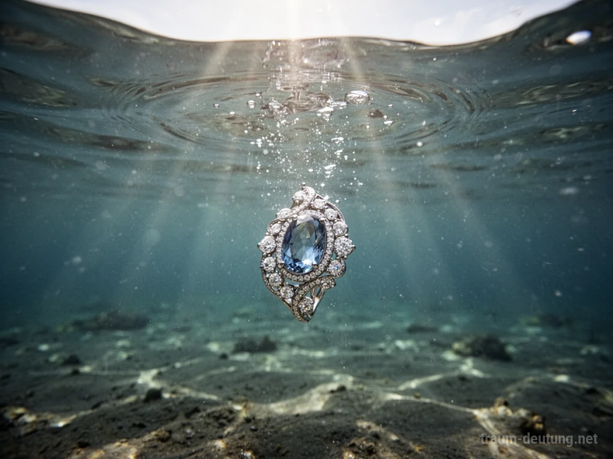 Ein goldener Ring sinkt langsam in klares Wasser.