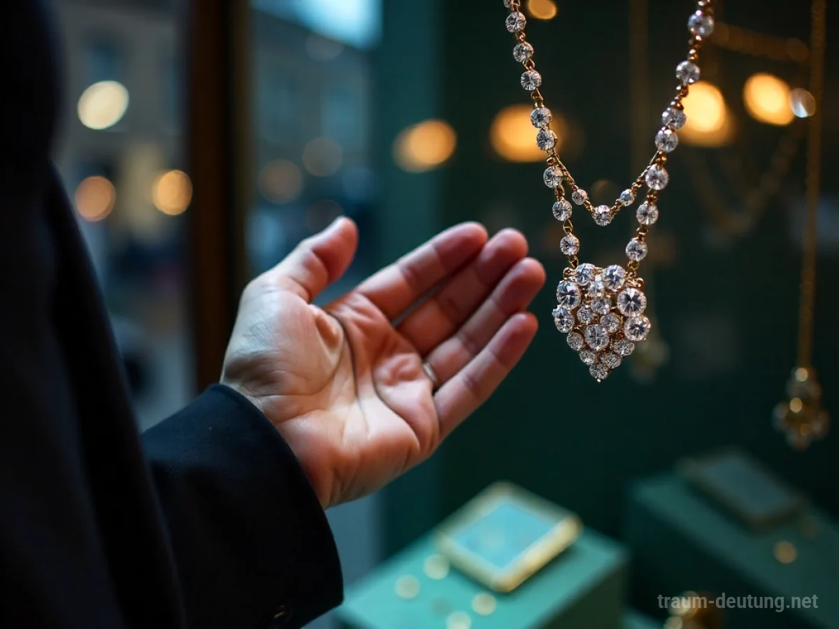 Hand greift nach einer glitzernden Halskette in einem Juweliergeschäft.