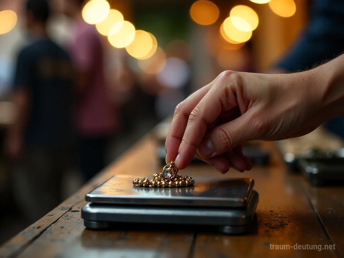 Hand legt Schmuck auf eine Waage, symbolisiert Verkauf.