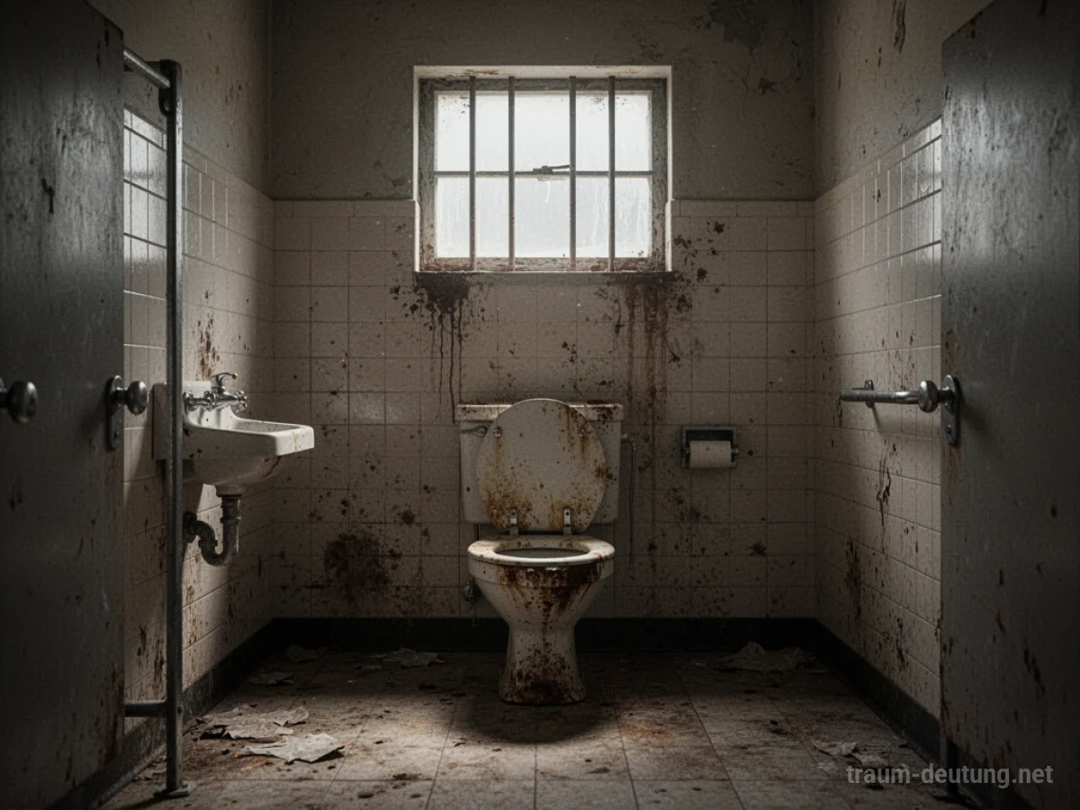 Eine schmutzige Schultoilette in einem dunklen Raum.