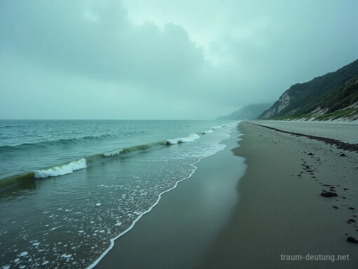 Ein verlassener Strand mit trübem, schmutzigem Wasser im grauen Licht.