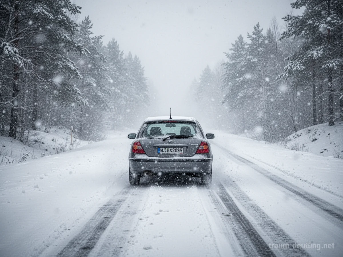 Ein Auto steht auf einer schneebedeckten Straße, die Sicht ist durch starken Schneefall eingeschränkt.