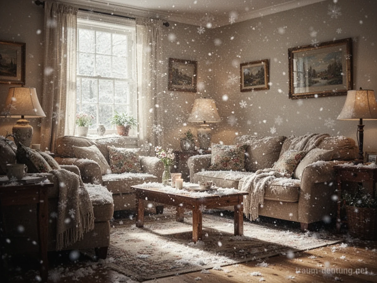 Schnee fällt in einer gemütlichen Wohnzimmer-Umgebung