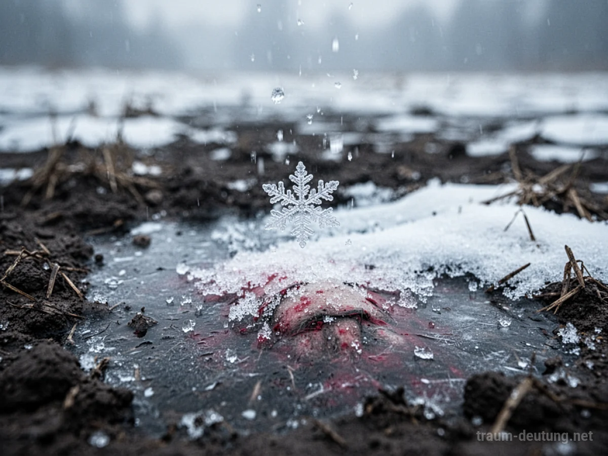 Ein einzelner Schneeflocke auf dunkler Erde, mit angedeuteten roten Spuren darunter.