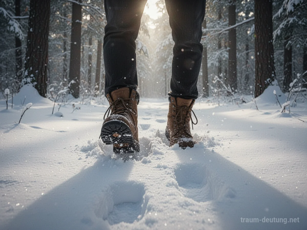 Stiefel treten in tiefen Schnee, Fußspuren im winterlichen Wald.