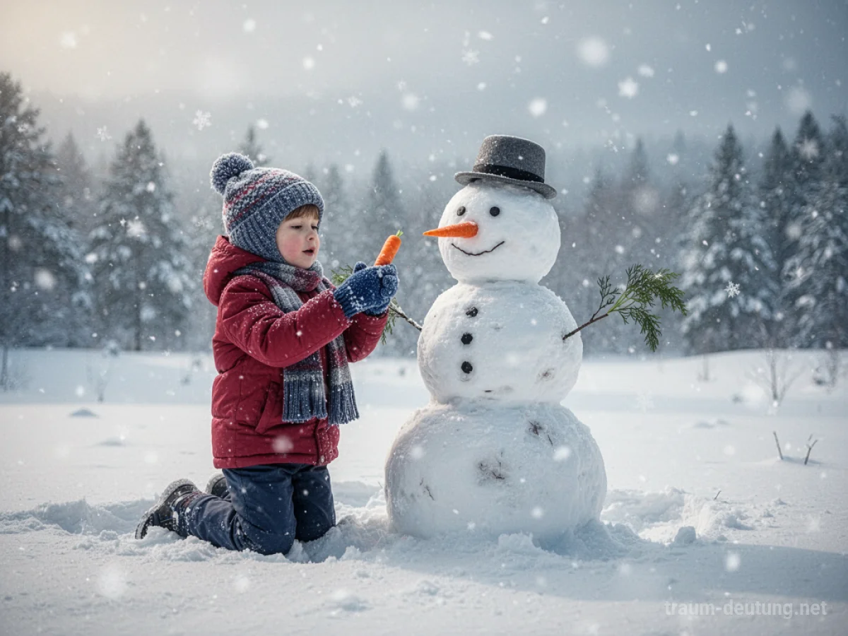 Ein Kind baut einen Schneemann in einer verschneiten Landschaft.