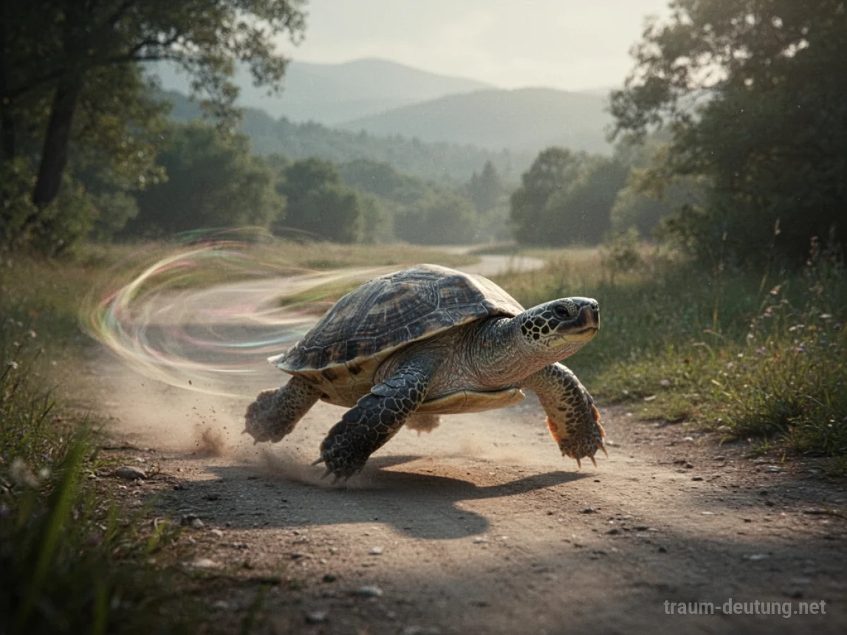 Schnelle Schildkröte auf einem Weg, die einen verschwommenen Streifen hinterlässt.