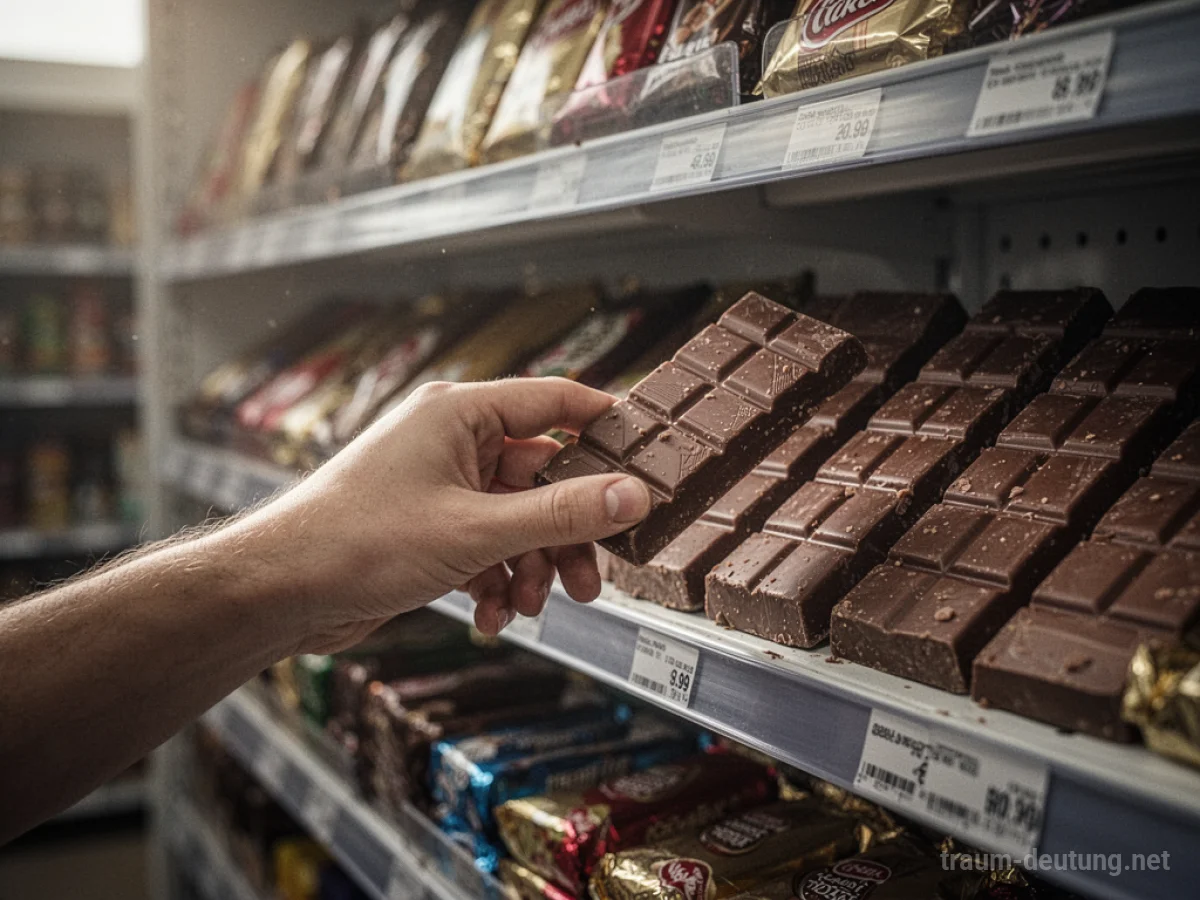 Hand greift nach Schokoladenriegel im Supermarktregal