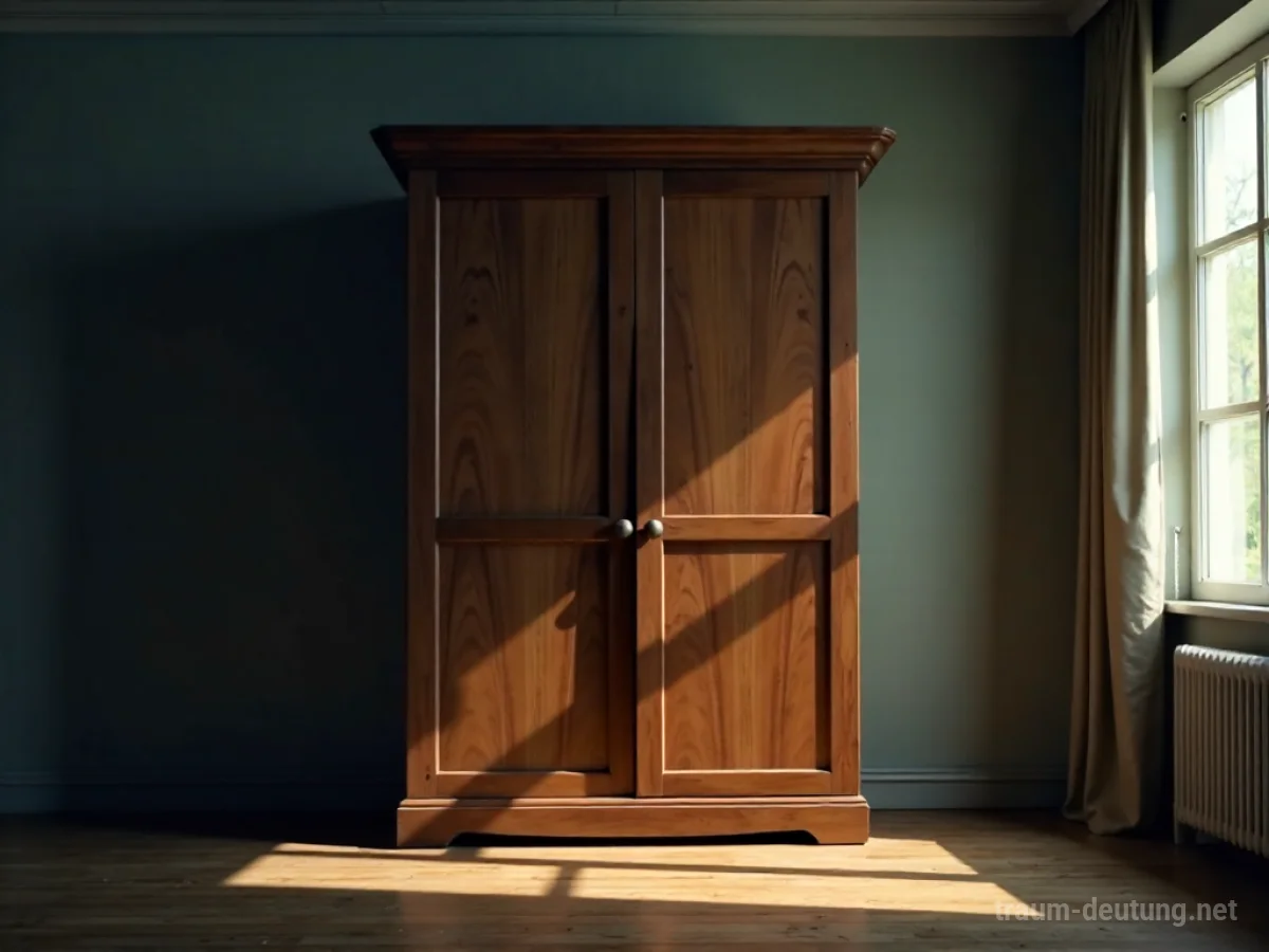 Ein großer, hölzerner Schrank steht leicht geöffnet in einem dunklen Raum.