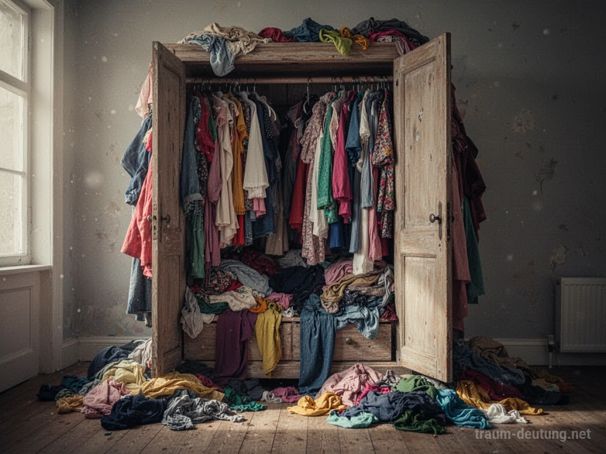 Ein überquellender Schrank, aus dem Kleidung herausfällt.