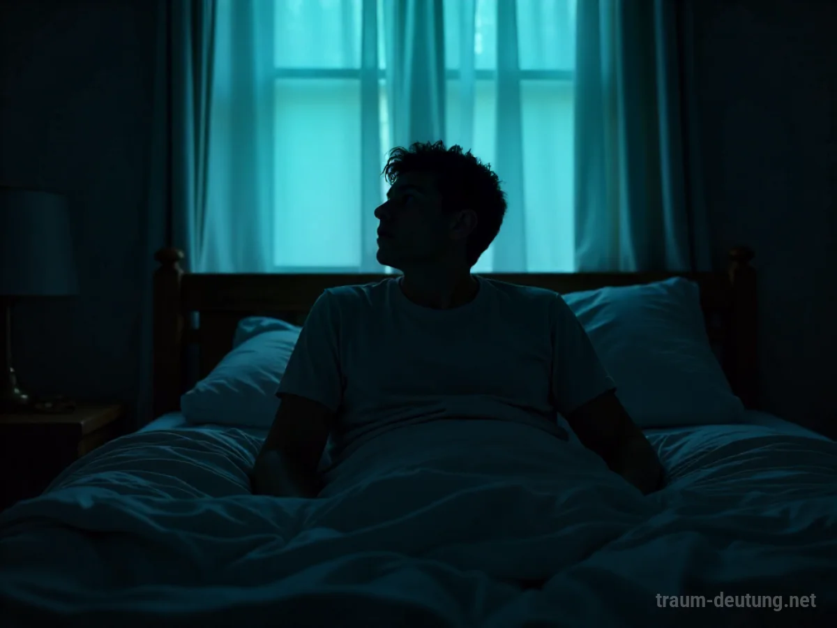 Silhouette einer Person, die im Bett aufschreckt, mit abstrakten Schallwellen