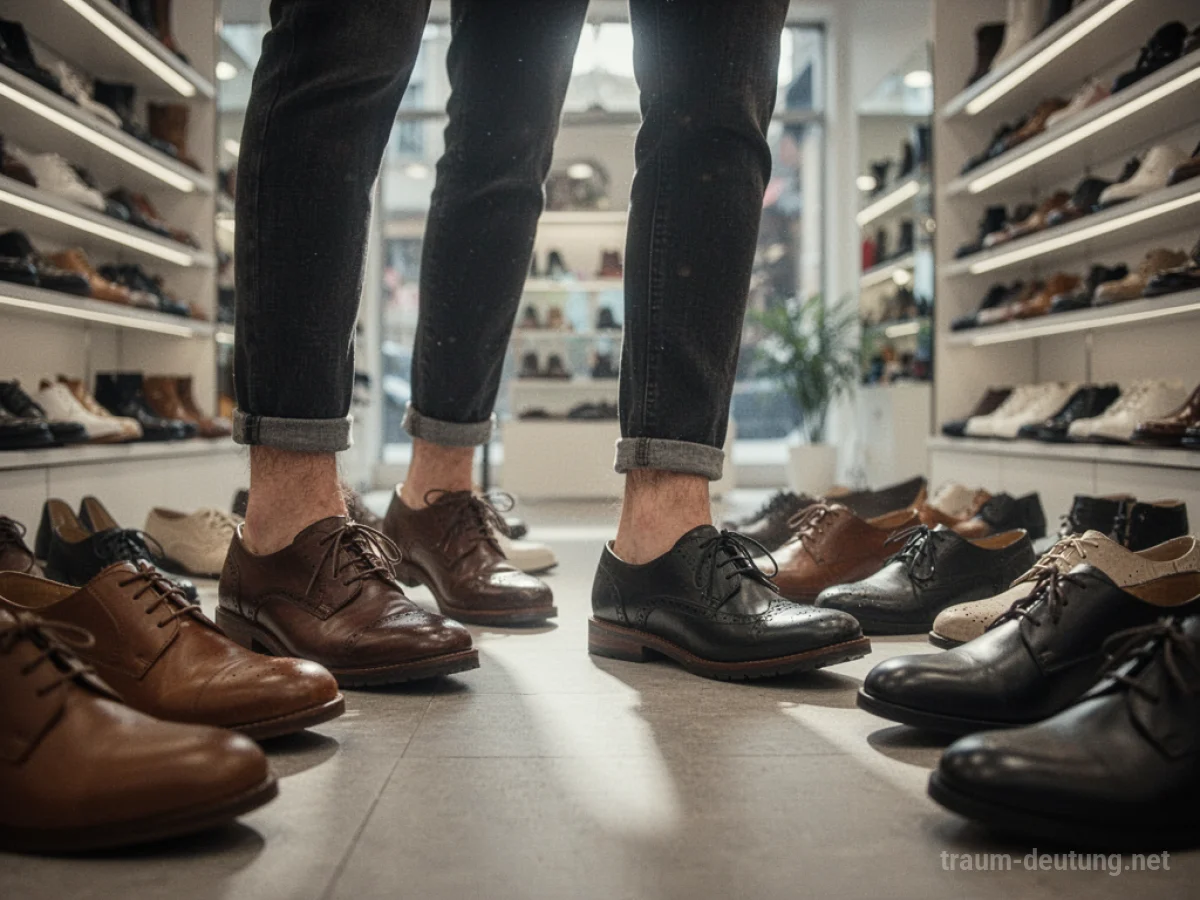 Füße einer Person, die verschiedene Schuhe in einem Geschäft anprobiert.