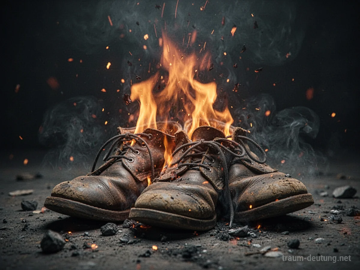 Brennende Schuhe auf dunklem Grund, Flammen steigen auf