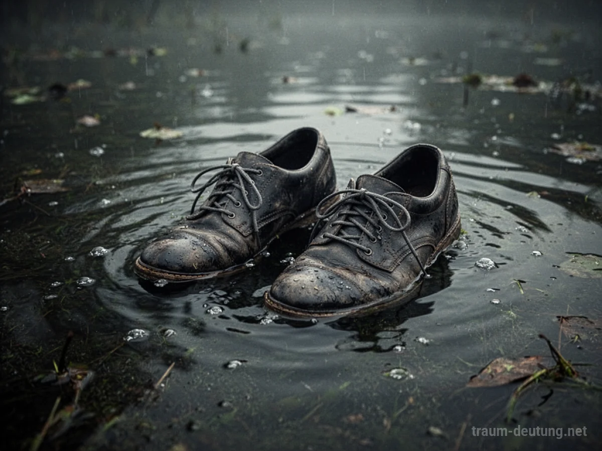 Schuhe versinken in dunklem, trübem Wasser.