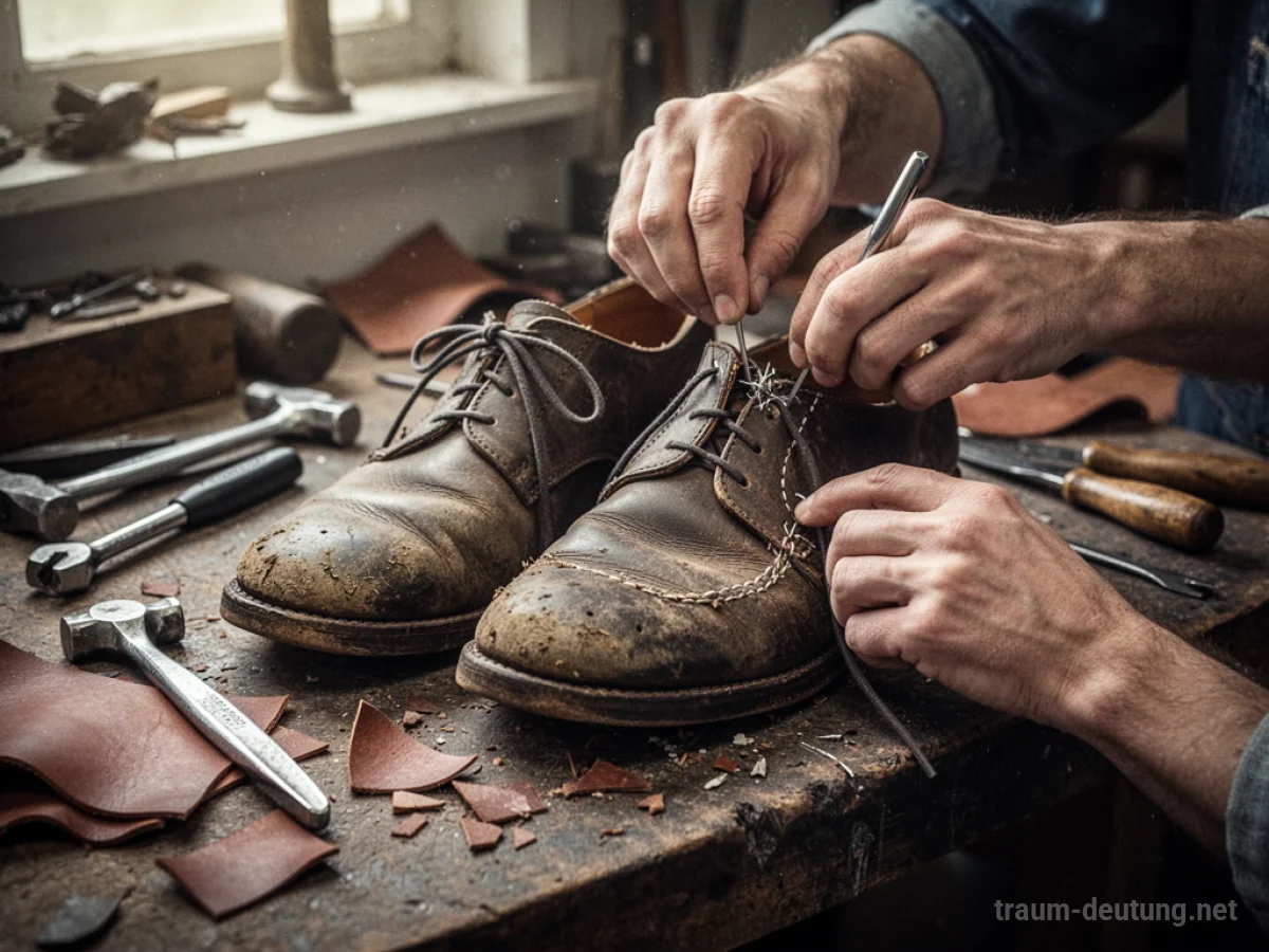 Hände reparieren abgenutzte Lederschuhe auf einer Werkbank