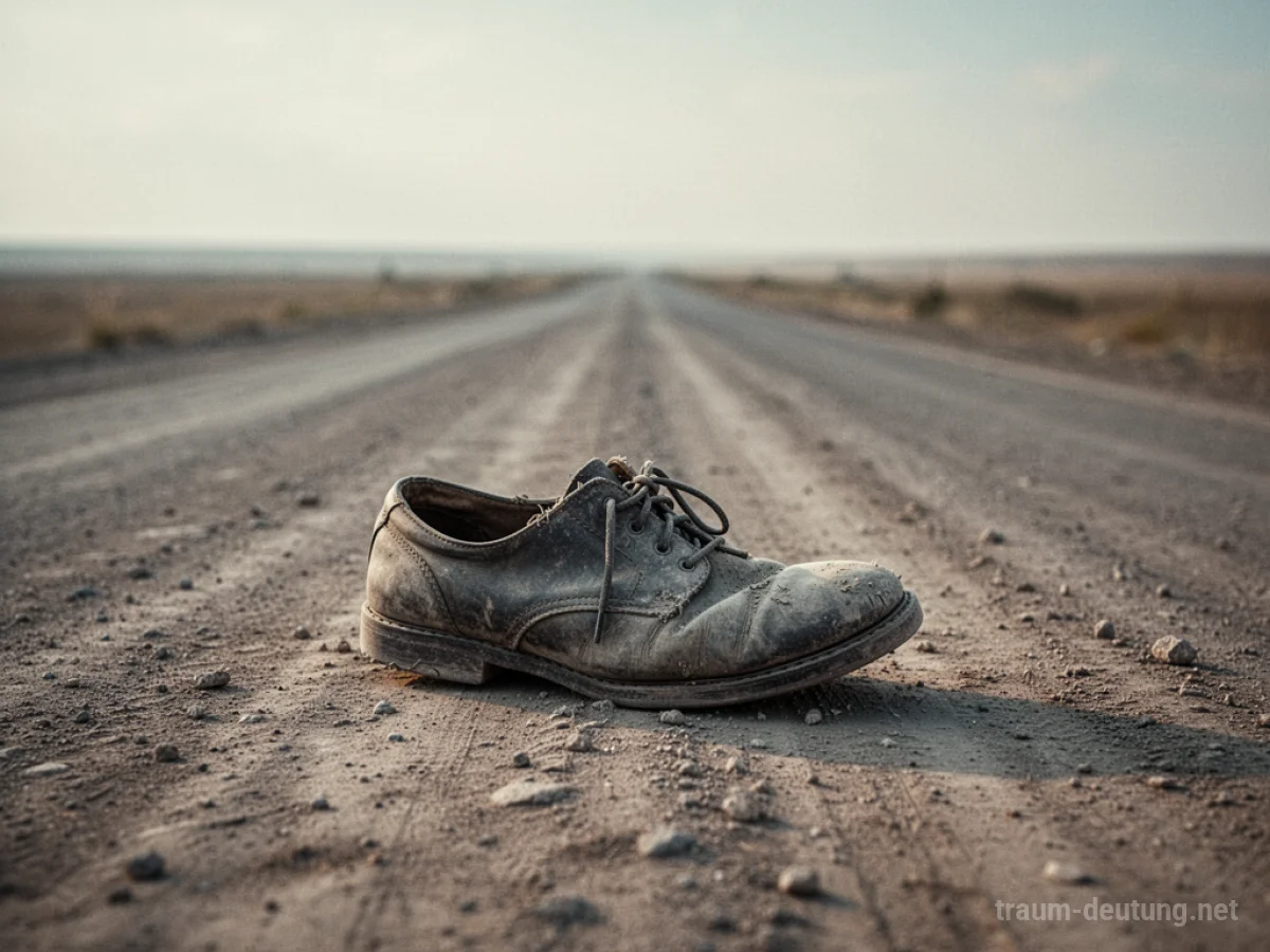 Ein einzelner, abgetragener Schuh liegt auf einer staubigen Straße.