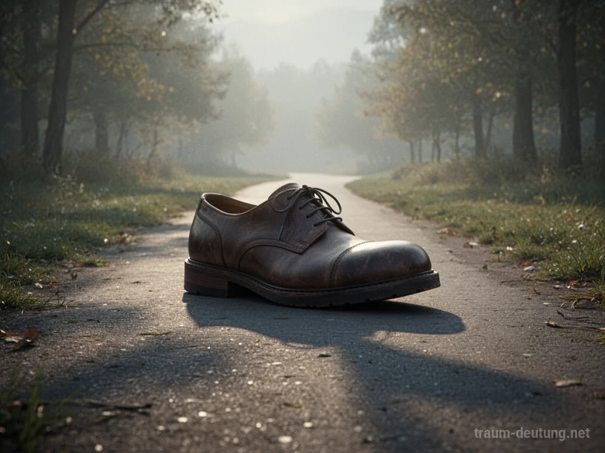 Ein einzelner, viel zu großer Schuh steht auf einem leeren Weg.