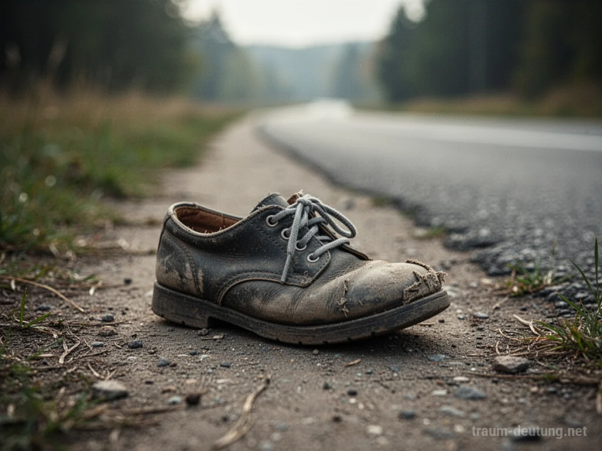 Ein einzelner, abgetragener Schuh, der sichtlich zu klein ist, liegt auf einem Weg.