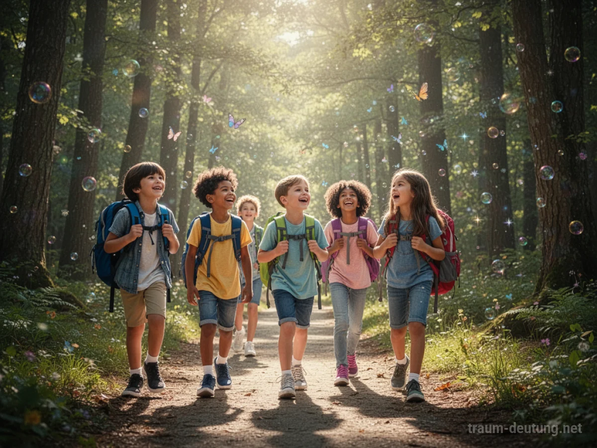 Gruppe von Kindern und Jugendlichen macht fröhlich einen Schulausflug im Wald