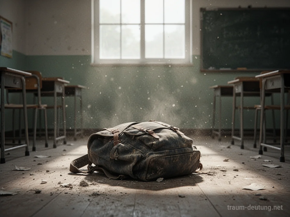 Ein einzelner, abgenutzter Schulranzen liegt auf dem Boden eines leeren Klassenzimmers.