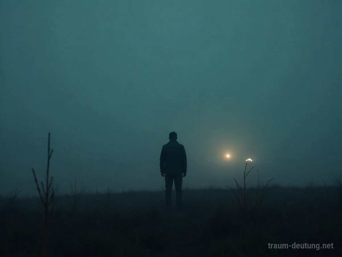Silhouette einer Person in nebliger Landschaft, die entfernte Geräusche oder Lichter wahrnimmt.