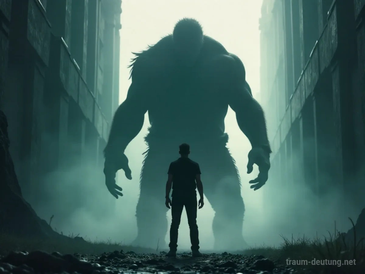 Silhouette einer Person, die sich vor einer schattenhaften Monstermonsterform schützt.