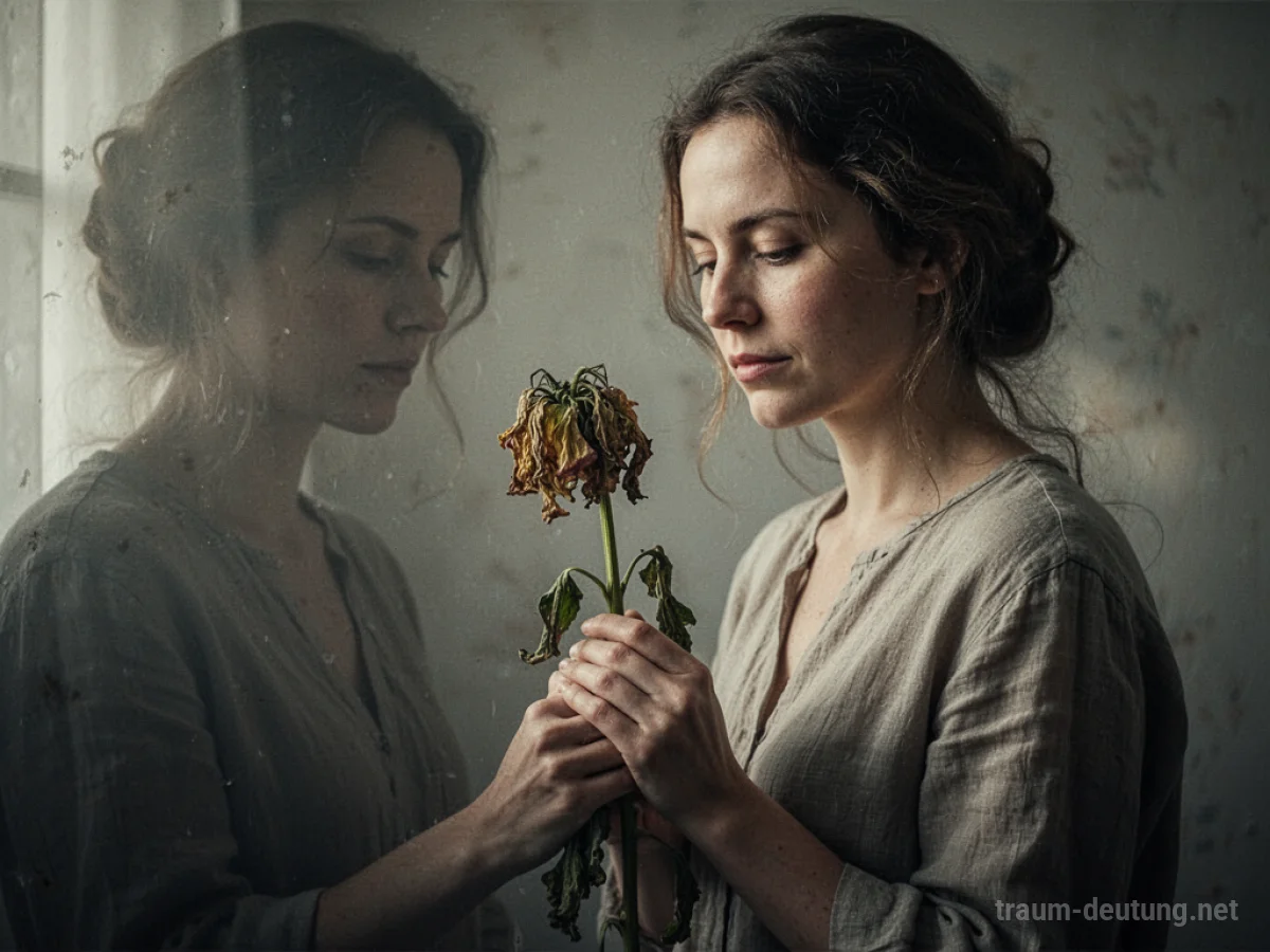 Eine Frau hält eine welkende Blume in der Hand, im Hintergrund eine schemenhafte Figur.