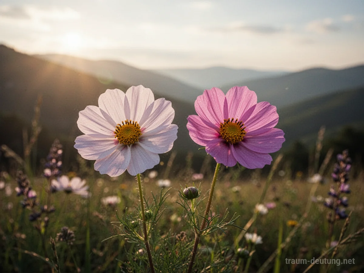 Zwei zarte Blumen blühen nebeneinander in einer sonnigen Wiese