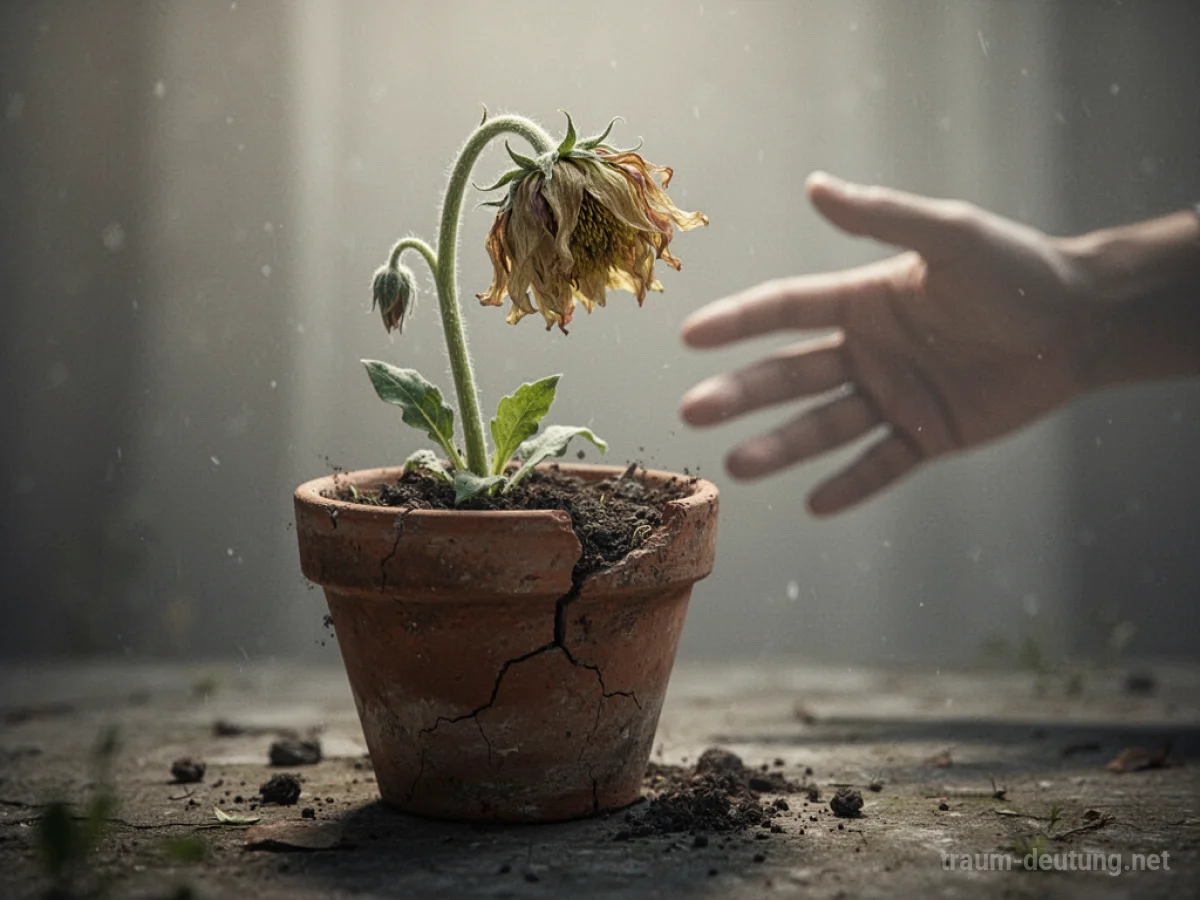 Symbolbild einer welken Blume in einem rissigen Topf