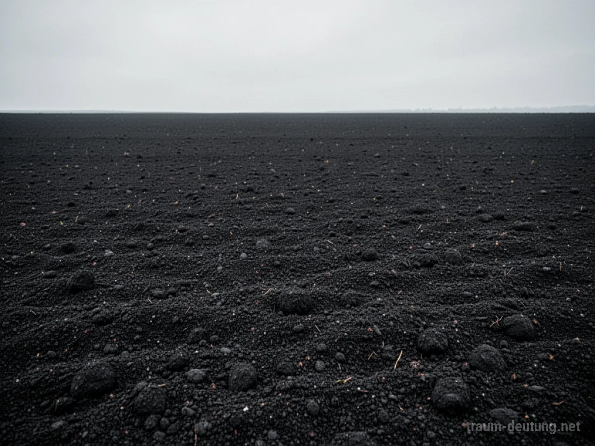 Weite Landschaft, vollständig bedeckt mit reiner schwarzer Erde unter einem neutralen Himmel.