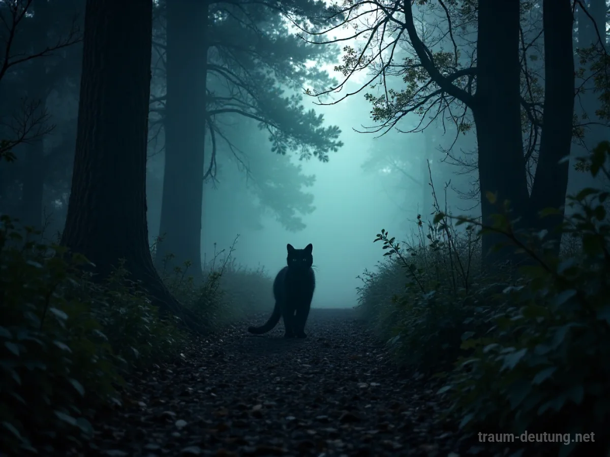 Schwarze Katze kreuzt einen dunklen Weg im Nebel.
