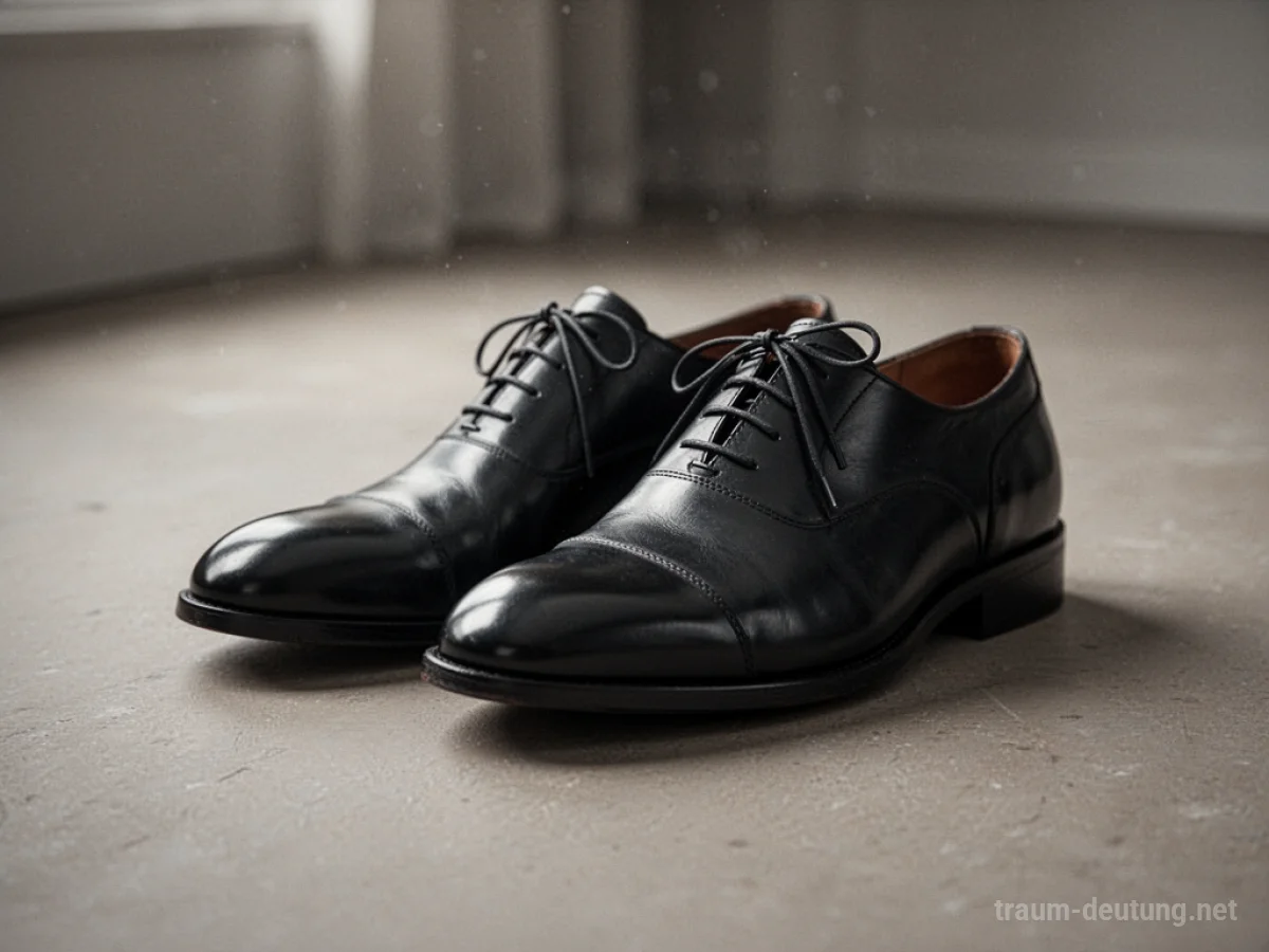 Ein Paar glänzende schwarze Lederschuhe stehen auf einem Boden.