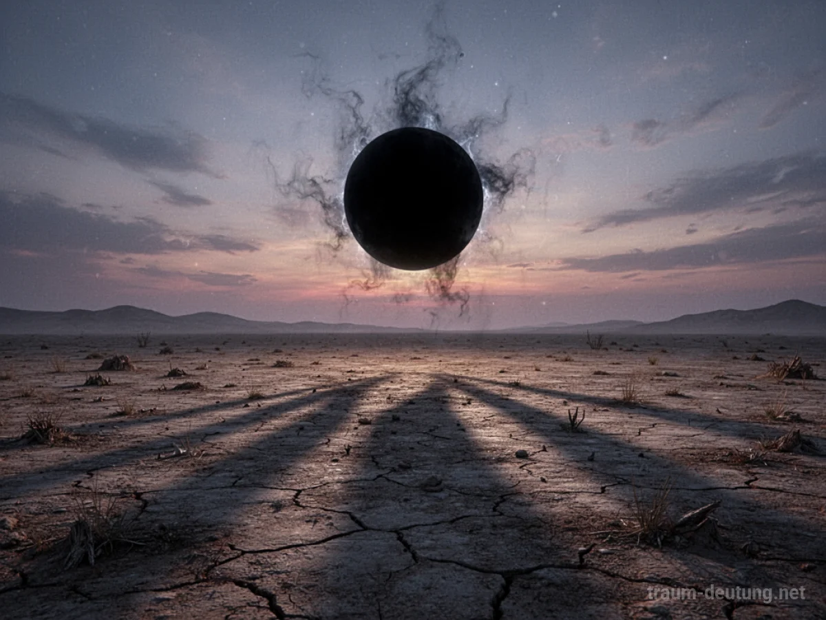 Eine schwarze Sonne am Horizont über einer dunklen, trockenen Landschaft.