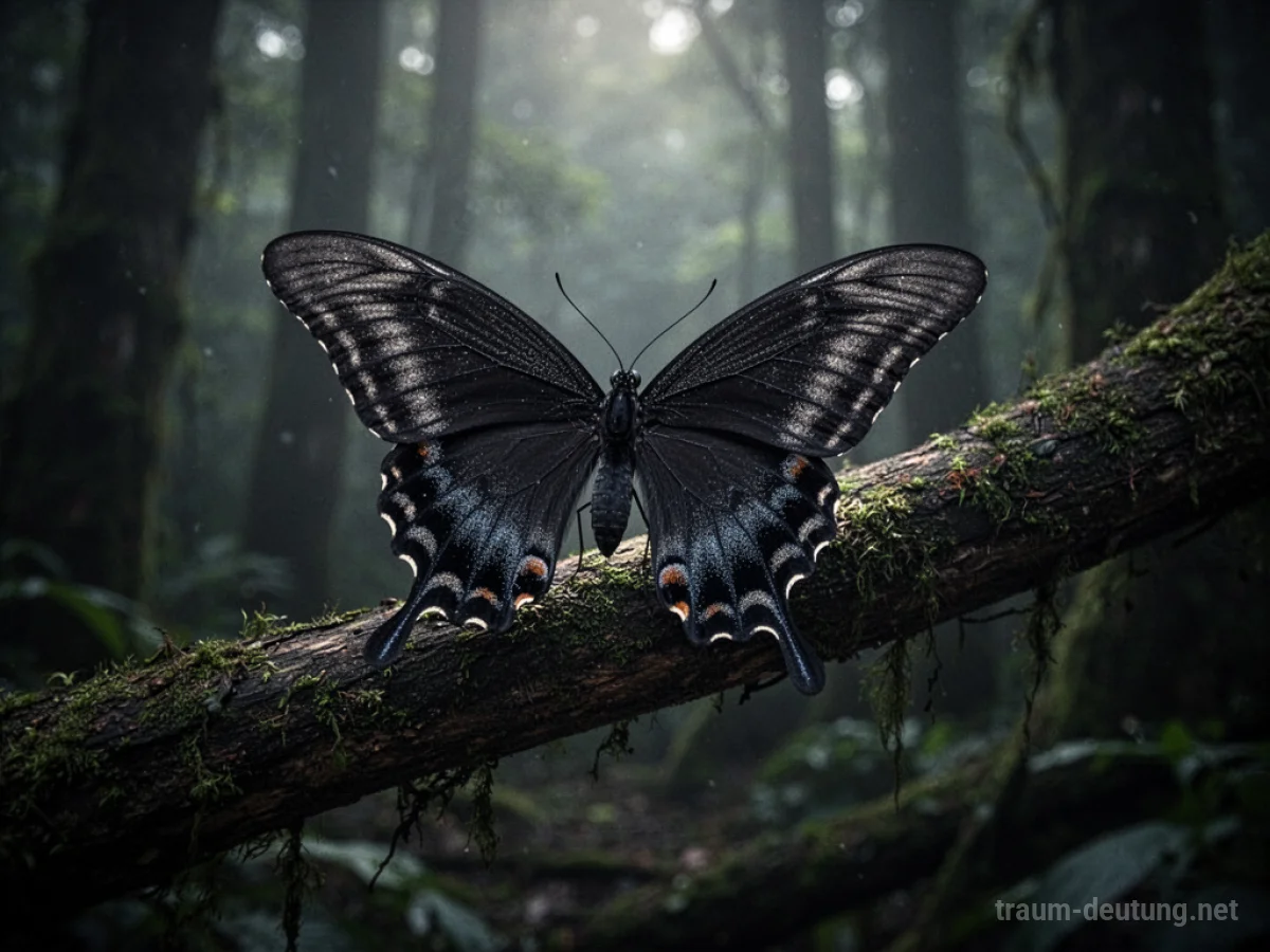 Ein schwarzer Schmetterling mit detaillierten Flügelmustern sitzt auf einem dunklen Ast.