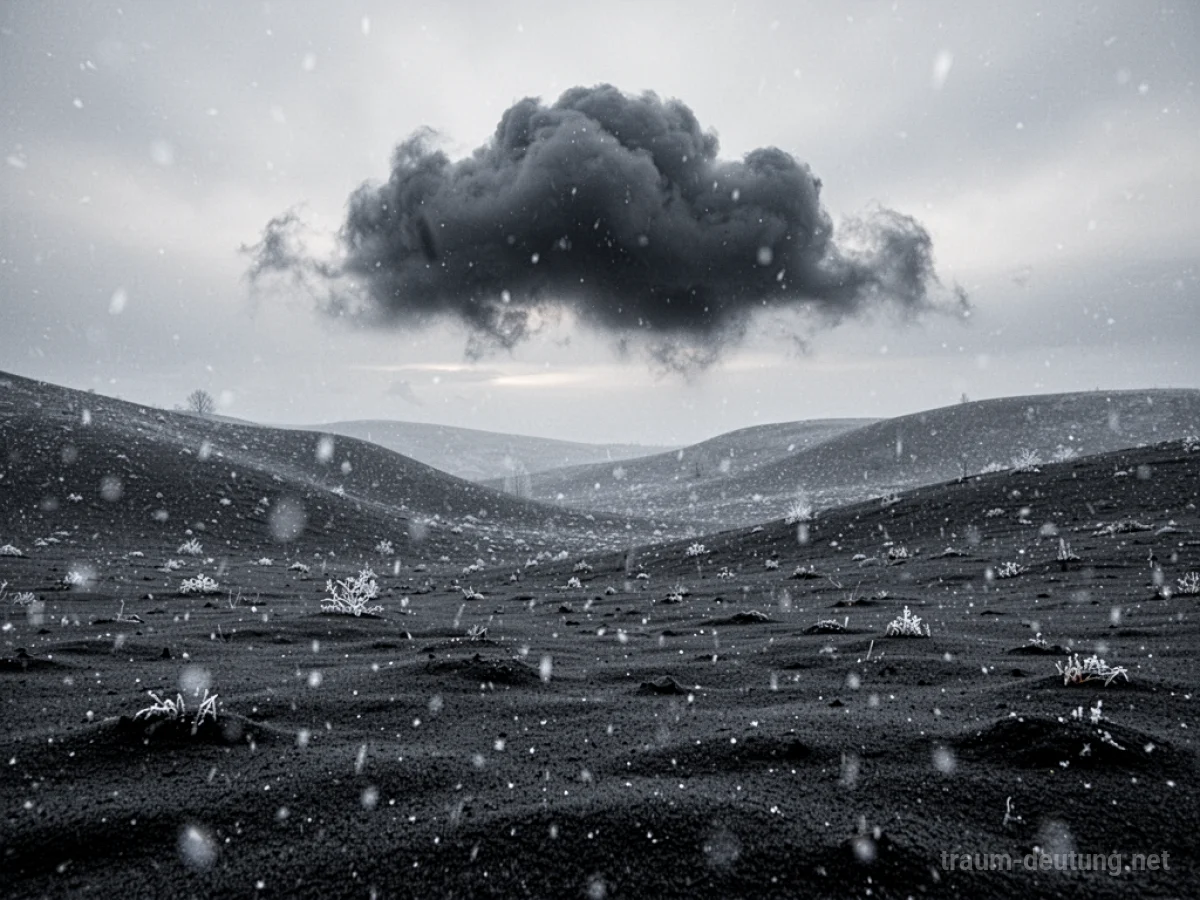Schwarzer Schnee bedeckt eine stille Landschaft, ein dunkler Wolkenhimmel darüber.