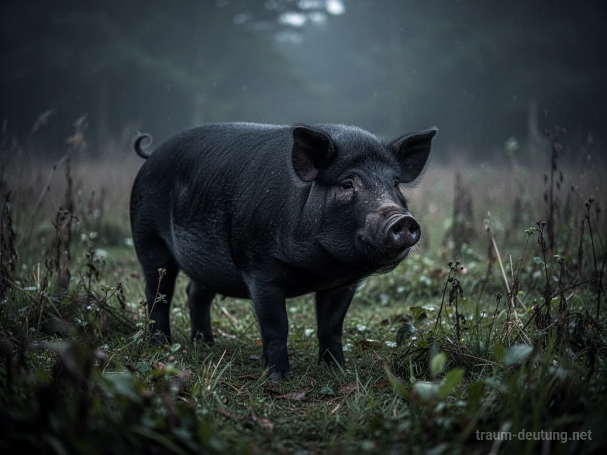 Ein schwarzes Schwein steht allein in einem dämmrigen Feld.