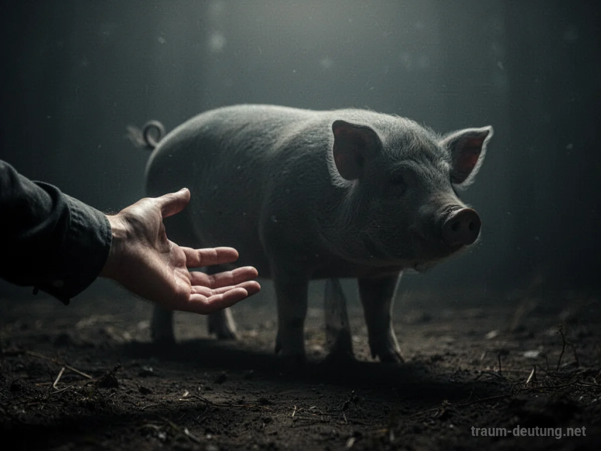 Hand nähert sich einem schemenhaften Schwein in dunkler Umgebung