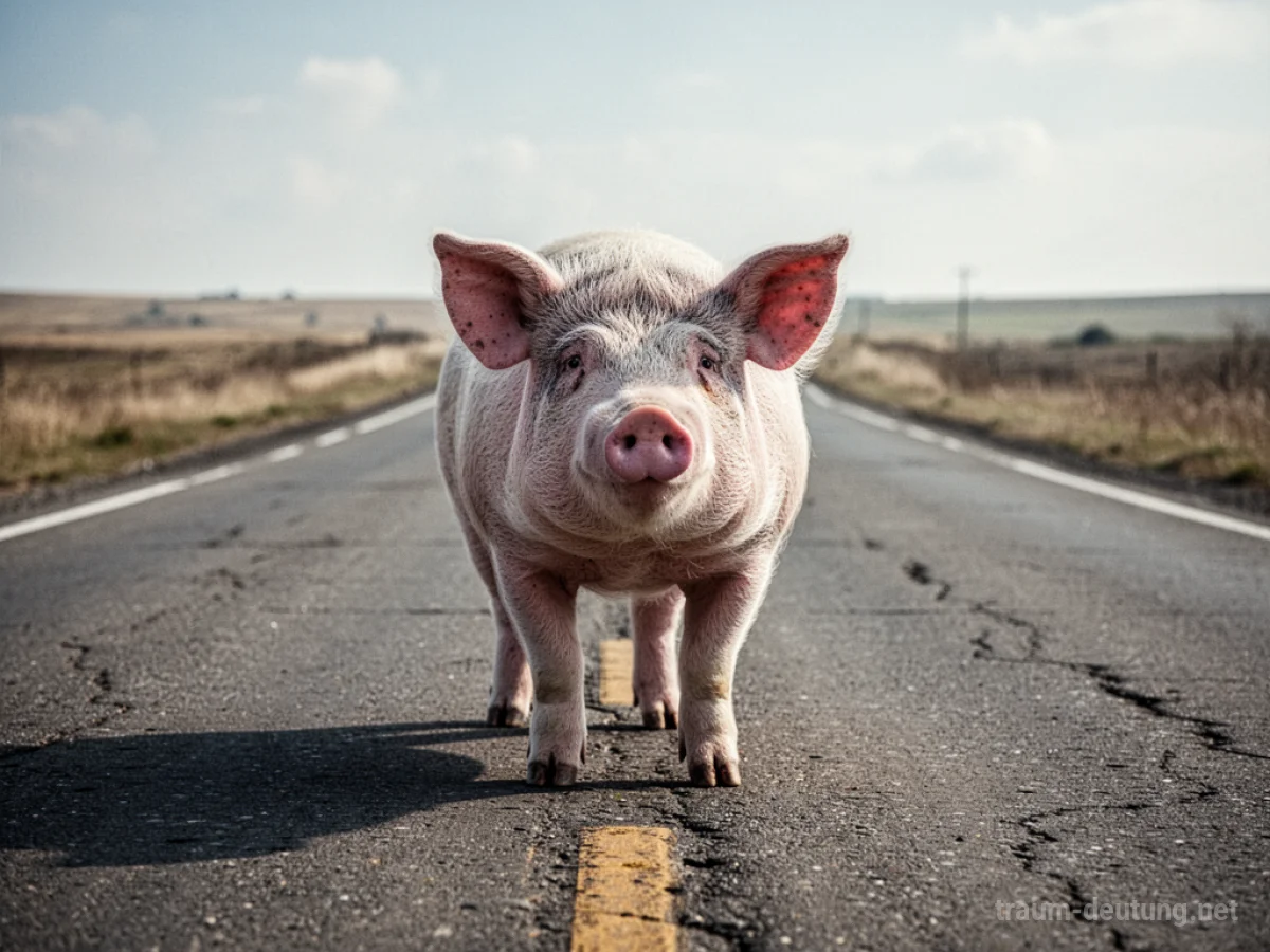 Ein Schwein steht mitten auf einer leeren Straße