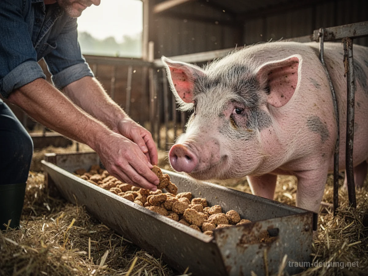 Hände füttern ein Schwein im Stall