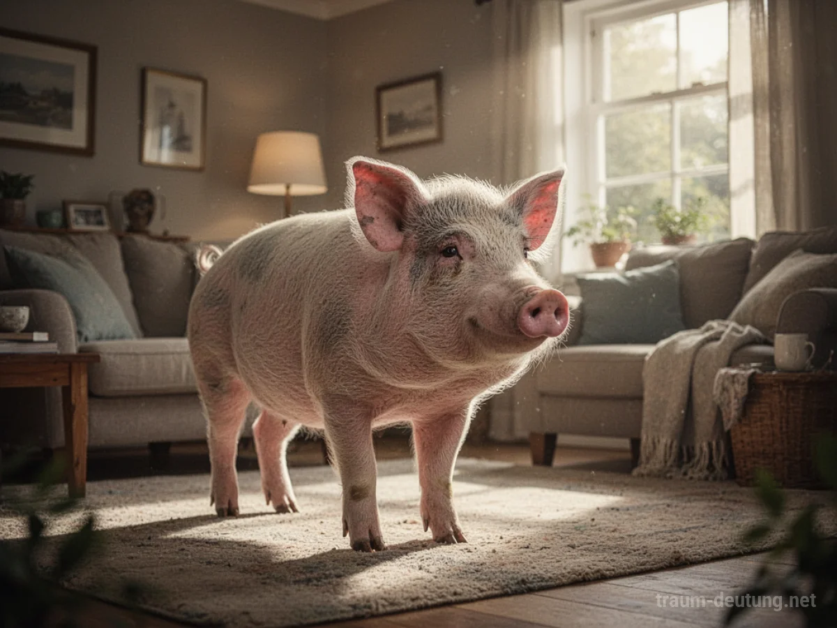 Ein Schwein steht in einem gemütlichen Wohnzimmer