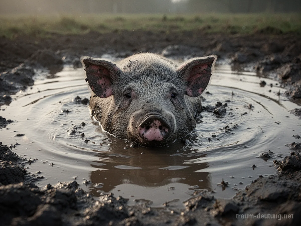 Ein Schwein steckt bis zum Hals in dickem Schlamm fest.