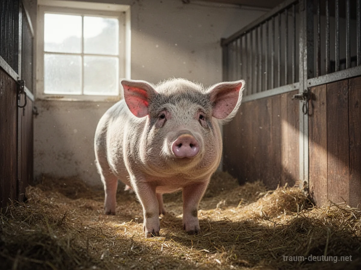 Ein Schwein steht friedlich in einem hellen Stall
