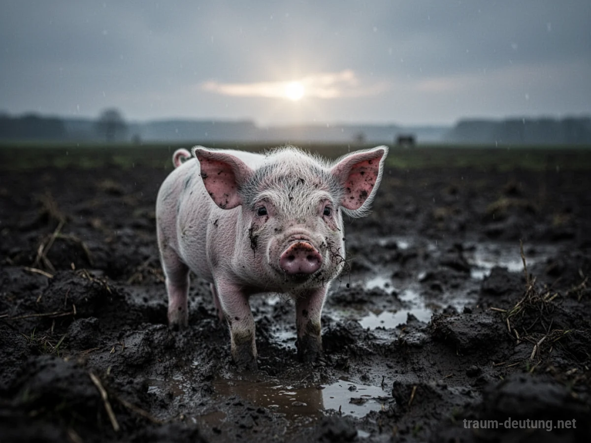 Ein verängstigtes Schwein steht allein in einer dunklen, matschigen Umgebung.