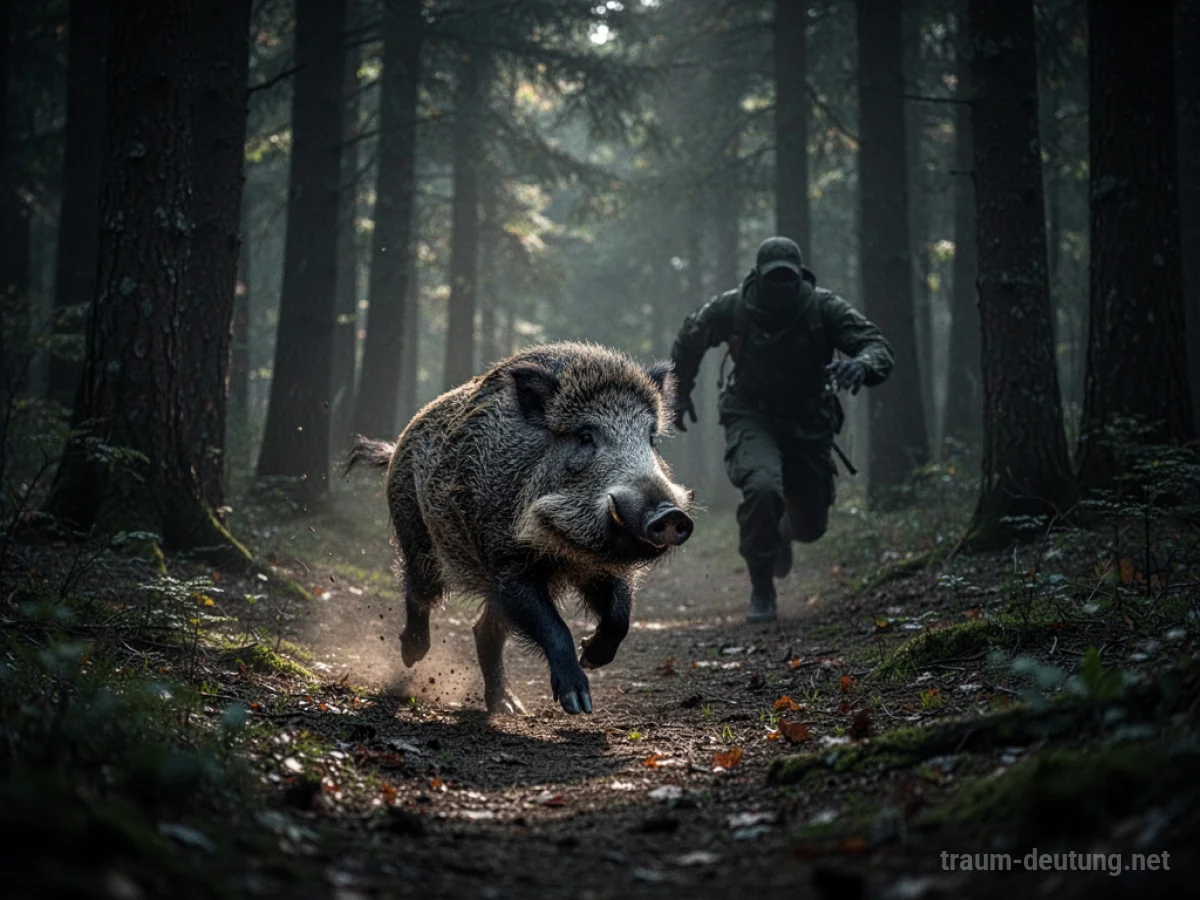 Schattenhafte Figur jagt ein Wildschwein durch einen dunklen Wald
