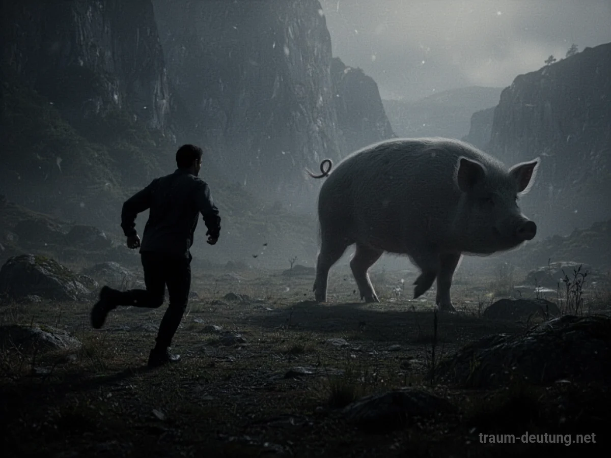 Schatten eines Schweins verfolgt eine Person in dunkler Landschaft