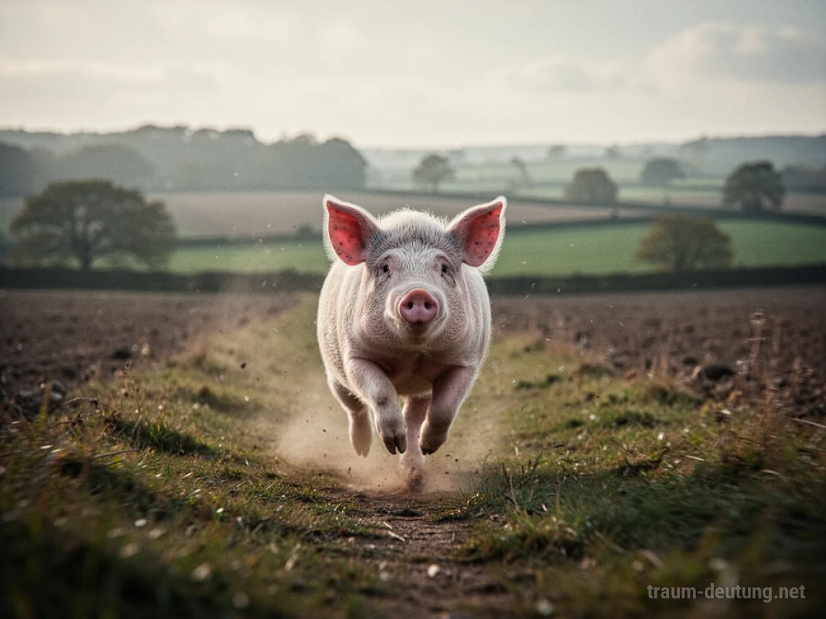 Ein Schwein rennt über eine Wiese davon, der Hintergrund ist leicht verschwommen.