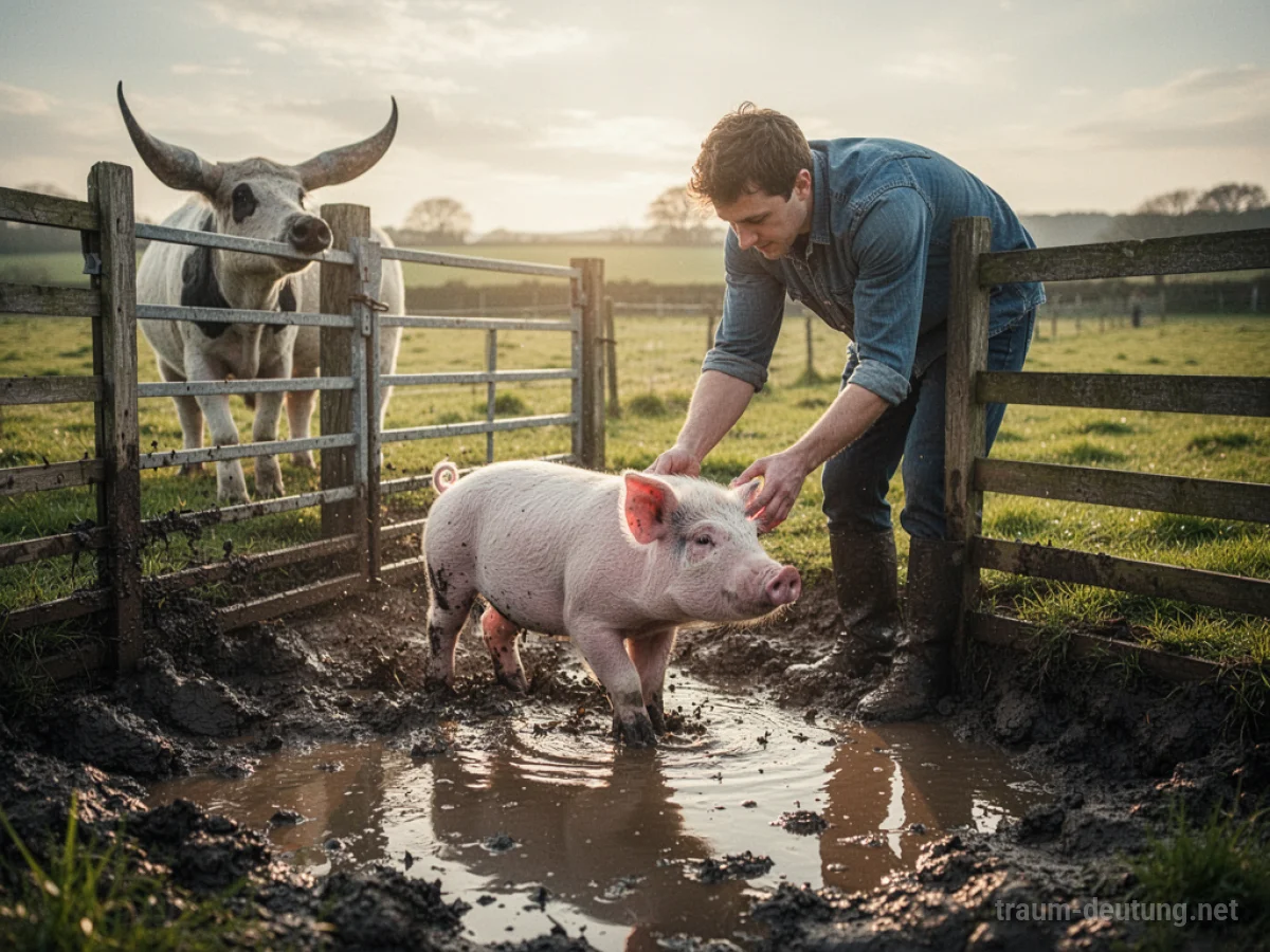 Eine Person führt ein Schwein aus einer matschigen Umgebung zu einem sonnigen Feld.