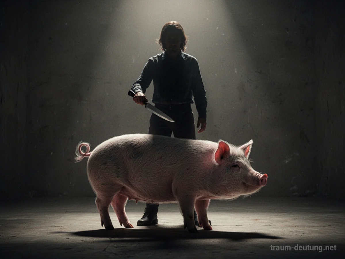 Silhouette einer Person, die ein Messer hält, über einem stilisierten Schwein