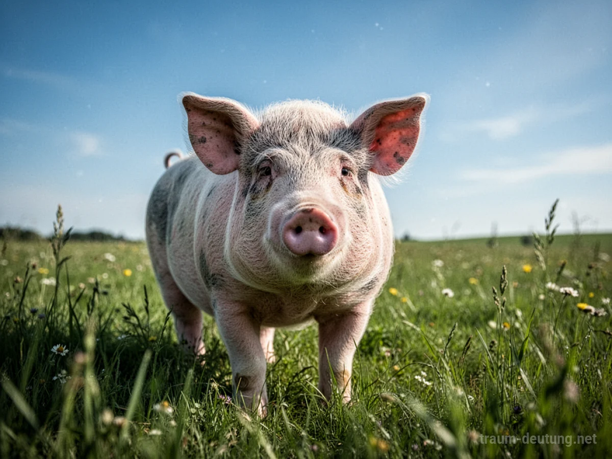 Schwein steht auf einer grünen Wiese.